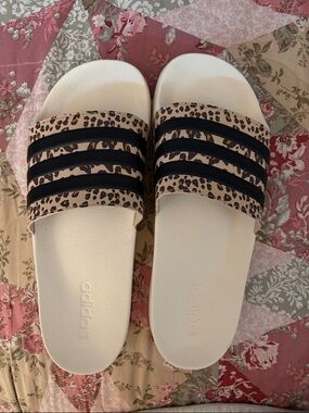 Adidas White Slide Sandals with Leopard-print. womens size 11 new w/o tags/box.